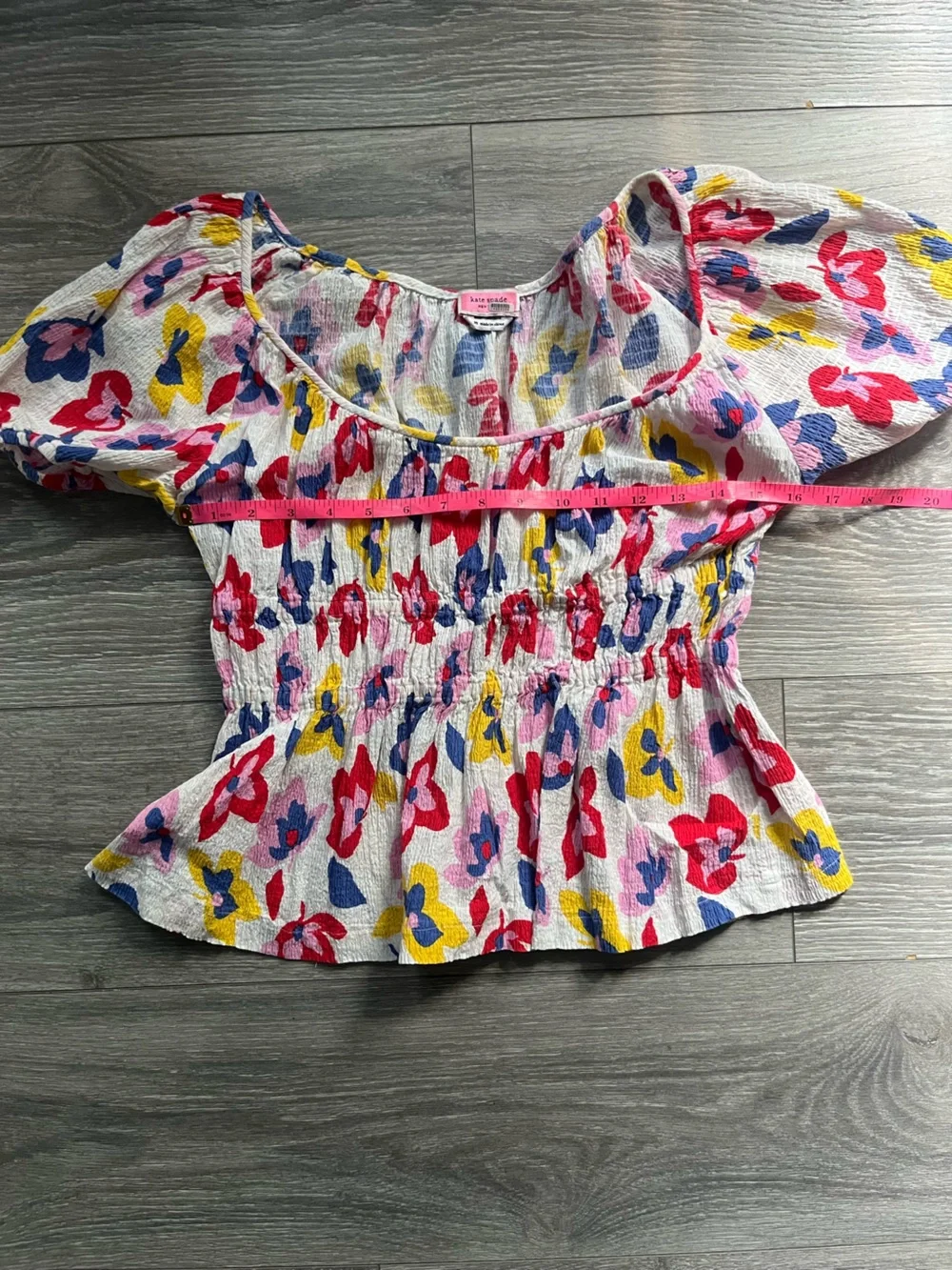 Kate Spade White Blue Floral Smocked Scoop Neck Puff Sleeve Cotton Blouse Size M